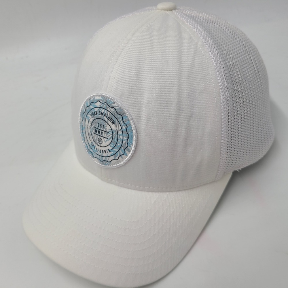 Travis Mathew Hat Snapback Trucker Mesh White Blue California Golf Palm Tree Men
